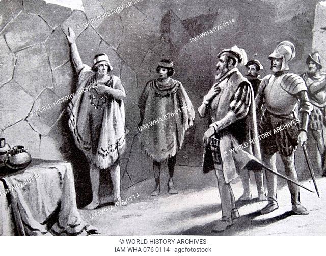 The arrest of Atahualpa last Inca ruler; by Francisco Pizarro González (1471 – 1541) Spanish conquistador who conquered the Incan Empire