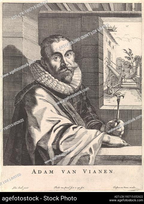 Portrait of Adam van Vianen Adam van Vianen (title on object), Portrait half to the right of the goldsmith Adam van Vianen, holding a hammer in his left hand