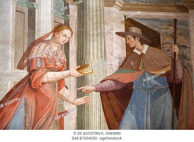 A pilgrim receiving a piece of bread as charity, 1615, fresco by Giacomo Filippo Monti, 1st Chapel, The birth of Saint Francis