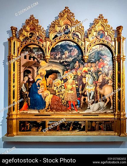 FLORENCE, TUSCANY/ITALY - OCTOBER 19 : Adoration of the Magi by Gentile da Fabriano in the Uffizi gallery in Florence on October 19, 2019