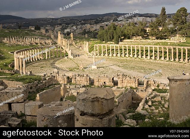 Jerash, Oval Plaza (1-2th century) view from Temple of Zeus. Jordan