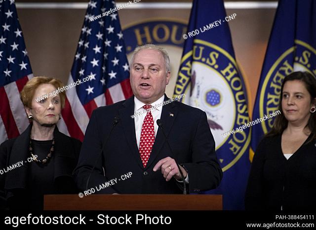 United States House Minority Whip Steve Scalise (Republican of Louisiana) offers remarks during a press conference on FY23 appropriations at the US Capitol in...