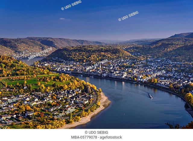 Germany, Rhineland-Palatinate, upper Middle Rhine Valley, Boppard, Rhine loop east part, townscape Filsen and Boppard, view from the Gedeonseck