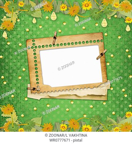 Grunge papers design in scrapbooking style with frame and bunch of flowers