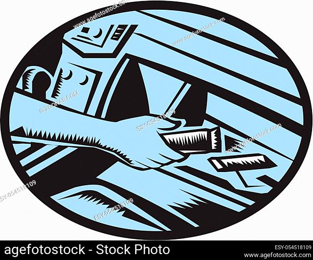 Illustration showing hand reaching in the glove box for an energy bar set inside oval shape done in retro woodcut style