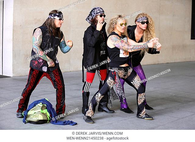 Steel Panther leave Radio One after appearing on Nick Grimshaws breakfast show Featuring: Ralph Saenz, Russ Parish, Travis Haley, Stix Zadinia Where: London