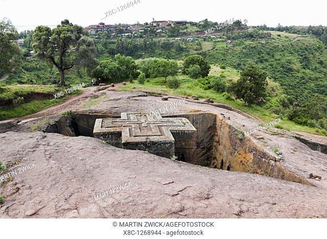 The rock-hewn churches of Lalibela in Ethiopia  Exterior facade of church Bet Giyorgis  The churches of Lalibela have been constructed in the 12th or 13th...