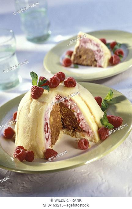 Raspberry and chocolate zuccotto (Italian ice cream dessert)