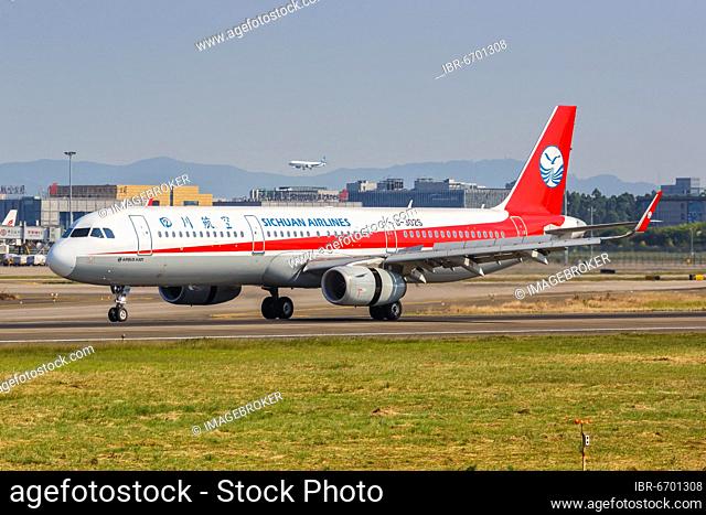 An Airbus A321 aircraft of Sichuan Airlines with registration number B-302S at Guangzhou airport, China, Asia