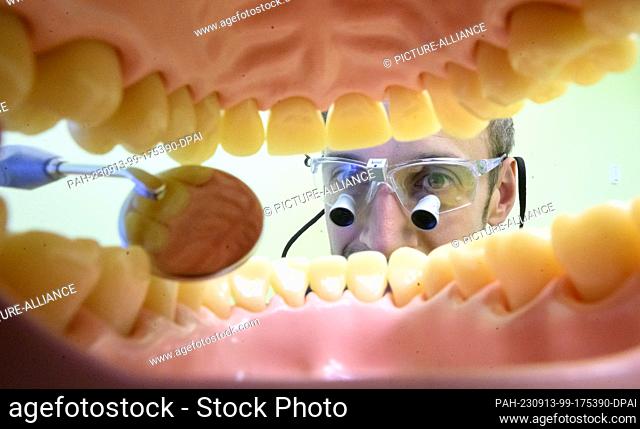 PRODUCTION - 11 September 2023, Lower Saxony, Hanover: ILLUSTRATION - Pediatric dentist Tobias Tetzlaff looks into an artificial denture in a dental practice...