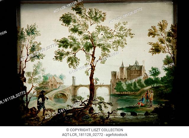 Perspective box of black lacquered wood with three painted glass plates: landscape with castle and river, perspective glass panel glass wood oak wood brass