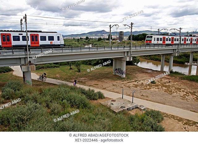 trains, viaduct, river Llobregat, Sant Boi de Llobregat, Catalonia, Spain