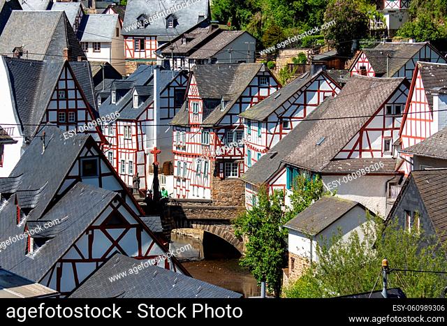 Scenic view on half-timbered houses in the village Monreal, Eifel, Germany