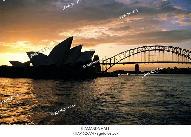 Sydney Opera House and Harbour Bridge in the evening, Sydney, New South Wales, Australia