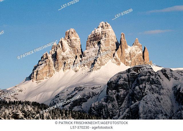 Drei Zinnen, Three Chimneys. View from Monte Agudo. Dolomites. South Tirol. Italy