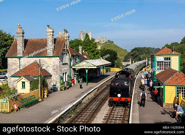 England, Dorset, Isle of Purbeck, Corfe Castle, The Historic Railway Station and Steam Train