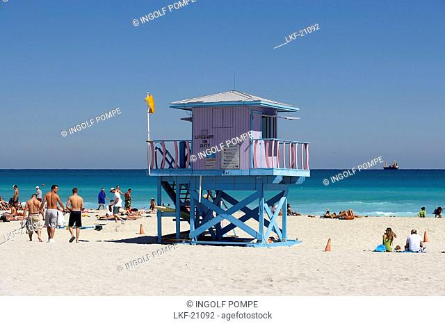 Sandy beach, the Art Deco style, lifeguard tower, South Beach, Miami, Florida, USA