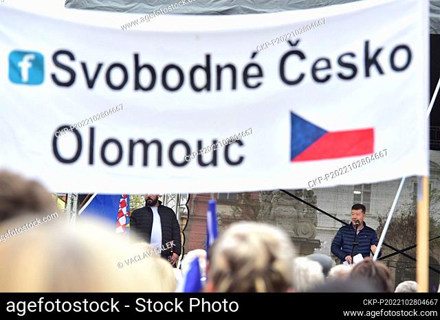 SPD Chairman Tomio Okamura, right, speaks during demonstration calling for resignation of the government of PM Petr Fiala organized by SPD (Freedom and Direct...
