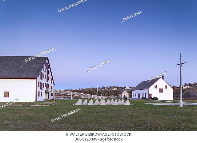 Canada, Quebec, Gaspe Peninsula, Paspebiac, Site Historique Banc-de-Peche de Paspebiac, fisheries museum, elevated view, dawn
