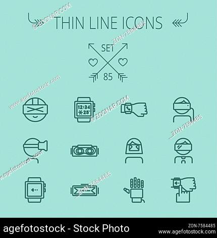Technology thin line icon set for web and mobile. Set includes- smartwatch, virtual reality headset, wristwatch, robot hand icons