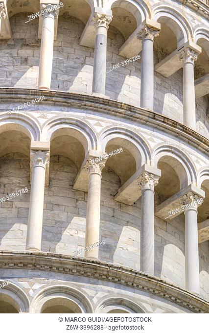 Construction and architectural details of the famous Leaning Tower of Pisa Italy