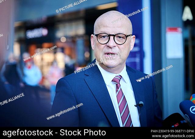 19 April 2023, Berlin: Martin Seiler, Chief Human Resources Officer of Deutsche Bahn speaks after the press conference at Berlin Central Station