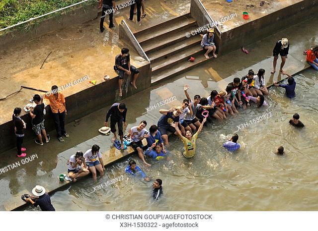 young people bathing into the Chao Praya river, Songkran festival, New Year's Day, Ayutthaya, Thailand, Asia