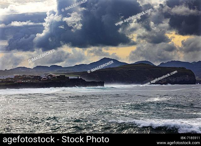 Stormy sea with high waves on the coast of Ribeira Grande, Sao Miguel Island, Azores, Portugal, Europe