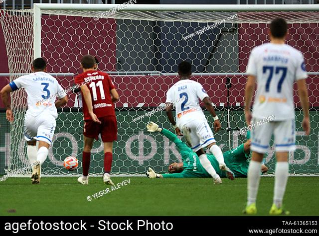 RUSSIA, KAZAN - AUGUST 26, 2023: FC Dynamo Moscow's goalkeeper Anton Shunin (green) concedes a goal in their 2023/24 Russian Premier League Round 6 football...