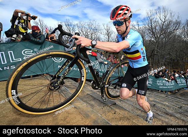Belgian Eli Iserbyt pictured in action during the men's elite race at the World Championship cyclocross cycling in Fayetteville, Arkansas, United States