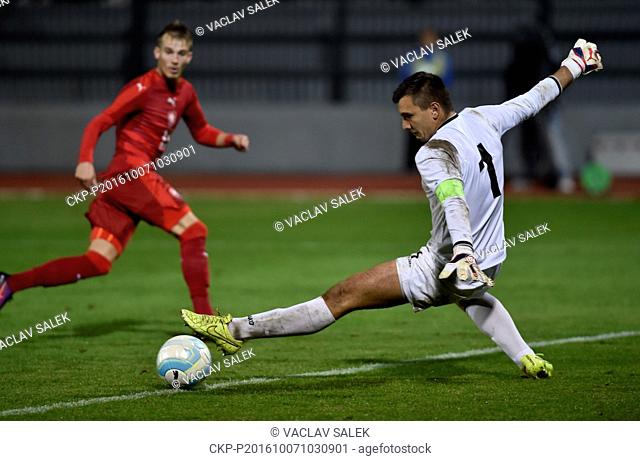 Moldovan golalkeeper Radu Mitu (right) receives goal during the match of European Football Championship under-21 qualifier: Czech Republic vs Moldova in Znojmo