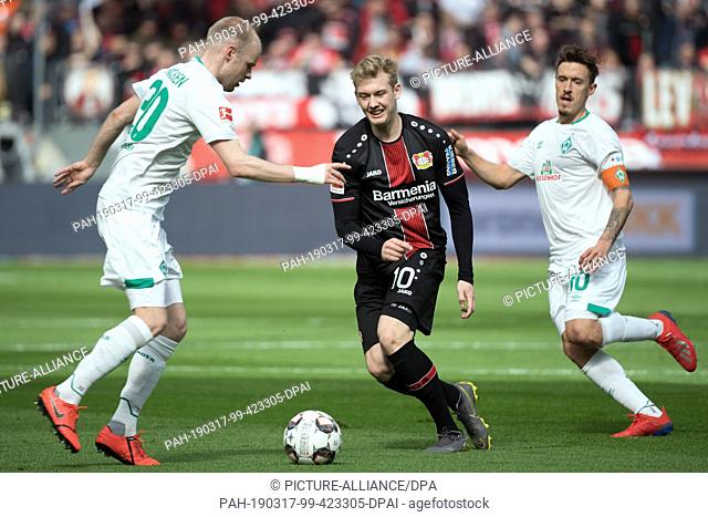 17 March 2019, North Rhine-Westphalia, Leverkusen: Soccer: Bundesliga, Bayer Leverkusen - SV Werder Bremen, 26th matchday in the Bayarena