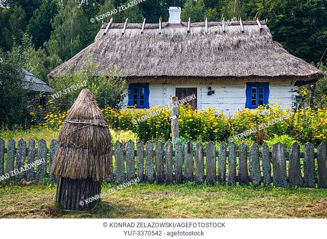 Wooden house with thatched roof in Bialowieskie Siolo inn in Budy village, Podlaskie Voivodeship in Poland