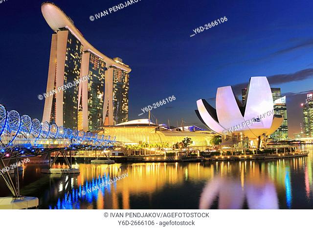 Marina Bay Sands, Art Science Museum and Helix Bridge at Dusk, Singapore