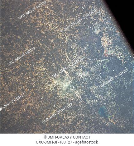 Oblique view of the Atlanta, Georgia area as photographed from the Apollo 9 spacecraft during its Earth-orbital mission. The Chattahoochee River runs from Lake...