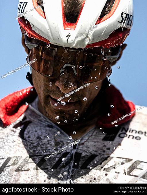 American cyclist Christopher Blevins at the finish of the second stage of the eight-day Cape Epic mountain bike race in South Africa, March 21, 2023