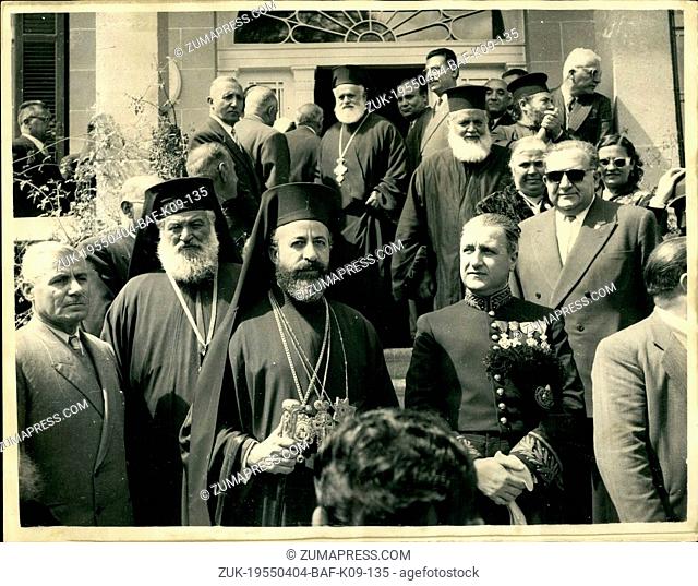 Apr. 04, 1955 - Archbishop Makarios attends 'Freedom' parade in Cyprus: Archbishop Makarios (third from left, front), Greek Orthodox Church leader in Cyprus and...