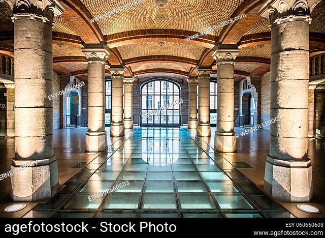Art nouveau symmetric interior of the Royal Depot of Tour and Taxis, Brussels, Belgium