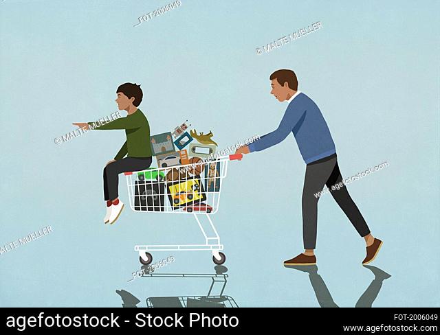 Father pushing shopping cart with son and toys