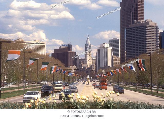 Philadelphia, Pennsylvania, Benjamin Franklin Parkway and City Hall in downtown Philadelphia, Pennsylvania. Flags of the countries along the parkway