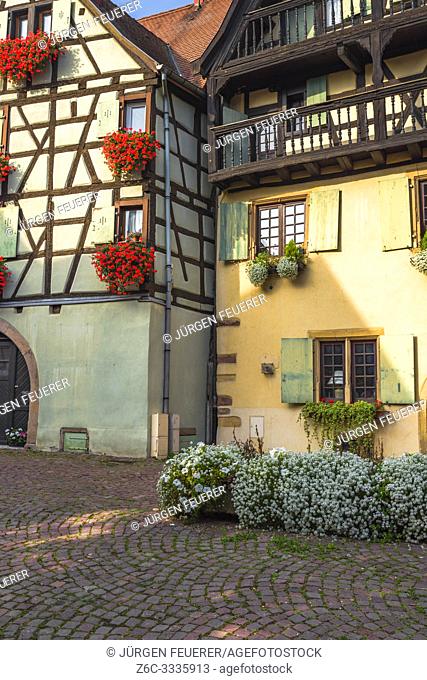 houses in the old village Eguisheim, France, timber frame architecture of the Alsace
