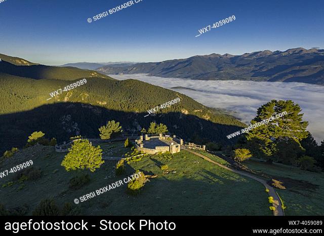 Aerial view of the surroundings of the Cap del Ras viewpoint in the Cadí-Moixeró Natural Park. In the background, the Cerdanya valley with fog (Cerdanya, Lleida