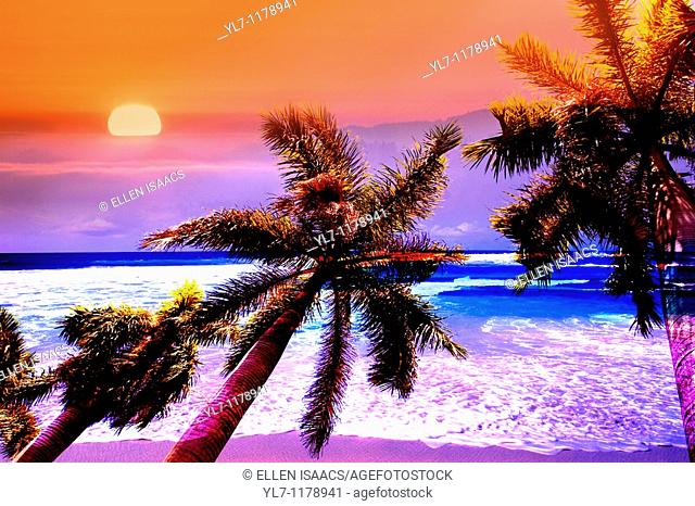 Concept montage image of a tropical scene, with palm trees, sunset, and beach waves, with distorted, saturated colors