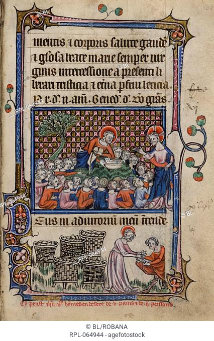 Feeding the five thousand Whole folio Office of None of the Virgin. A crowd of people seated round a mound on which is an apostle holding two loaves and a dish...