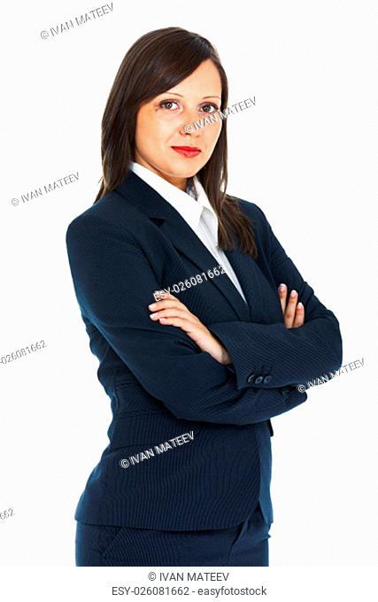 Businesswoman with arms crossed isolated on white