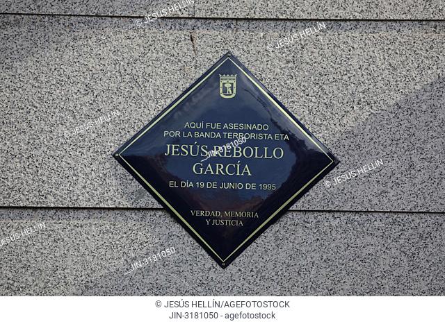Unveiling of a plaque honoring Jesus Rebollo Garcia, Madrid municipal police died in an attack by ETA in 1995 during the course of their duties in the Plaza de...