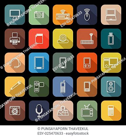Gadget line flat icons with long shadow, stock vector