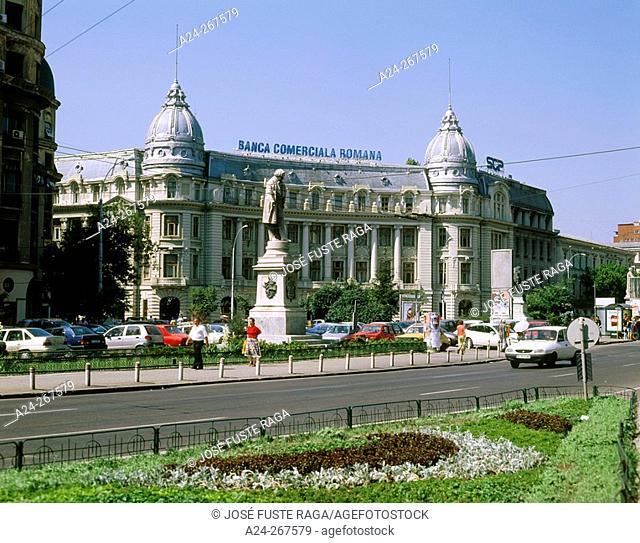 Boulevard Regina Elisabeta and Banca Comerciala Romana building. Bucharest. Romania