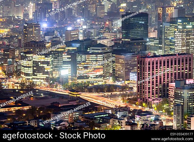 Aerial Sunset and Night view of Seoul Downtown cityscape in South Korea