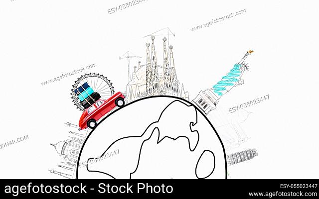Around the world. Red retro toy car with travel cases driving by famous monuments on cartoon planet